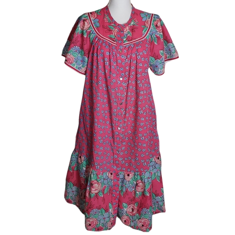 Vintage Kelly Reed Floral Print Patio Dress Sz M ? Pearl Snap Cottagecore Garden